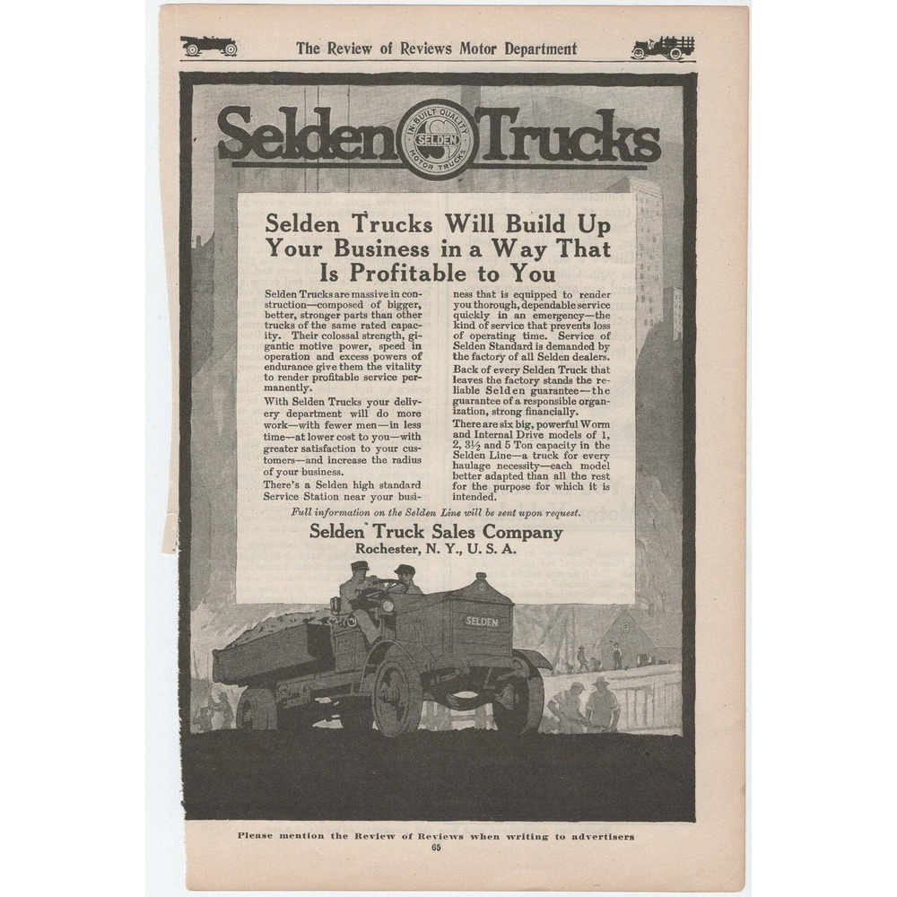 Vintage Selden Trucks Print Ad Review of Reviews Motor Department Rochester NY